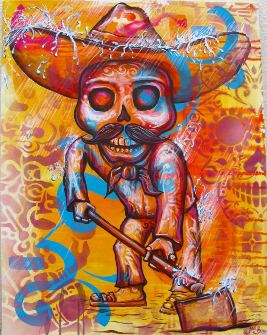 “El Esqueleto” 2012. Acrylic and spray paint on canvas. 18″ x 32″ painted in Mexico City. Commissioned by the organization IRRI (Istituto Internacional de Recursos Renovables)