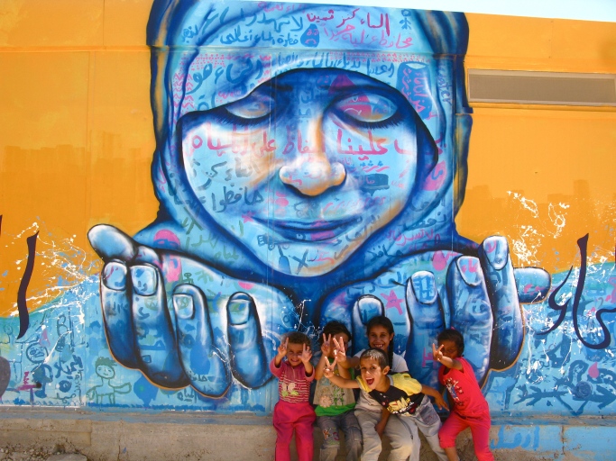 Za'atari Syrian Refugee Camp in Jordan, 2013. This piece was created in collaboration with Syrian refugee children, and explores the importance of water conservation, especially for those who suddenly find themselves stranded in a desert. Collab with the organizations AptART and ACTED.