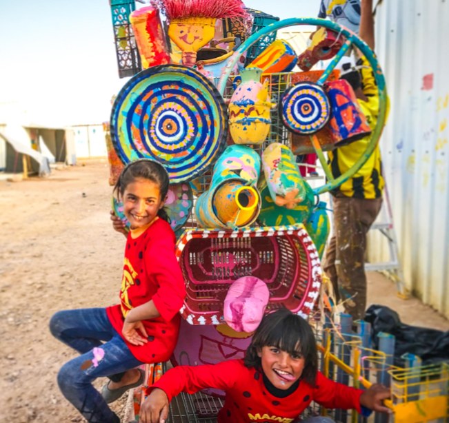 Fun with trash! This sculpture made of repurposed garbage was created with kids and Max Frieder in Azraq