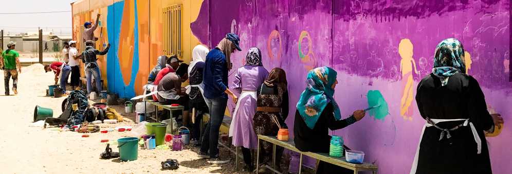 Za'atari Syrian Refugee Camp, Jordan, 2017:Syrians working on a mural in the camp