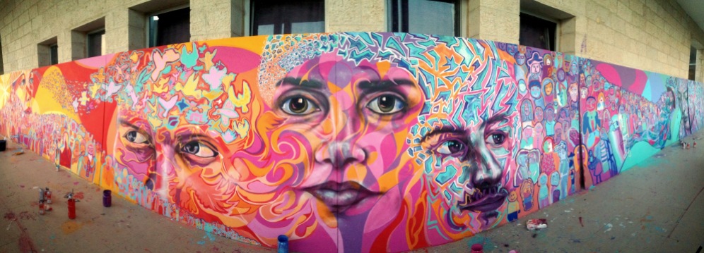 Jerusalem 2015: Arab and Jewish children and teens came together to create this mural with Joel and his Artolution partner, Max Frieder. It is now displayed at the US Consulate