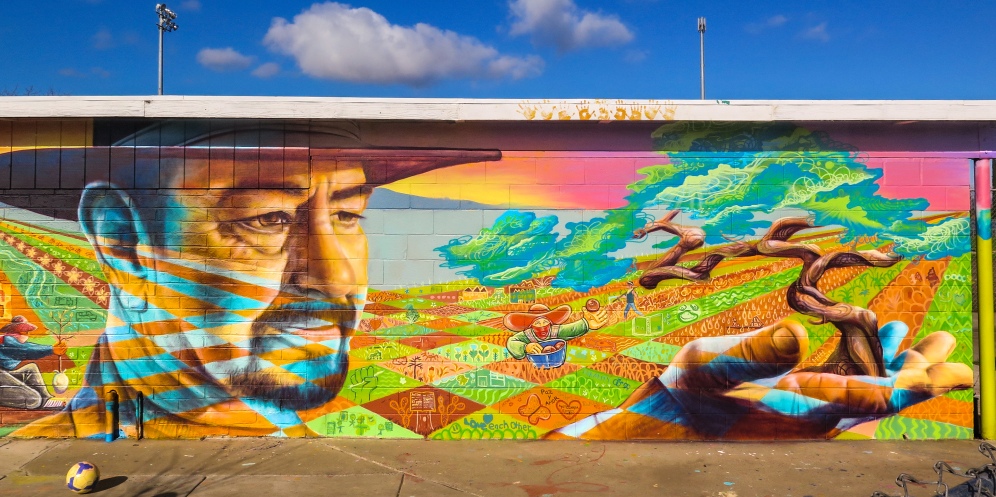 Planada, California 2016: A mural that celebrates Alex, a local hero, pays homage to the campesino and to the rural, mainly Mexican population of this region.