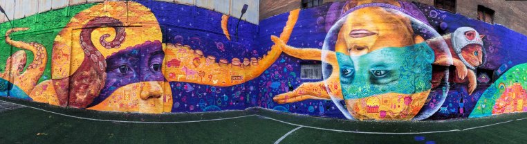 St. Petersburg, Russia 2017: Joel worked with kids who had experienced the street life and chaotic family lives, creating a mural with a sci-fi, surrealistic vibe. With Park Inn by Radisson hotels and local youth organizations.