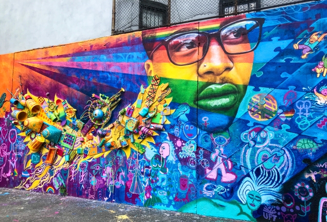 East Village, New York City, 2018: 2 groups of teenagers, one who have struggled with bullying due to their LGBTQ identities, and another with autism and other challenges, joined forces on this mural. It includes the "Birdstrument," a sculptural element made from repurposed trash, which is also a percussive instrument. Joel co-led the project with Max Frieder. Partners: Paul Hastings Law Firm, Harvey Milk School and Manhattan School of Career Development.