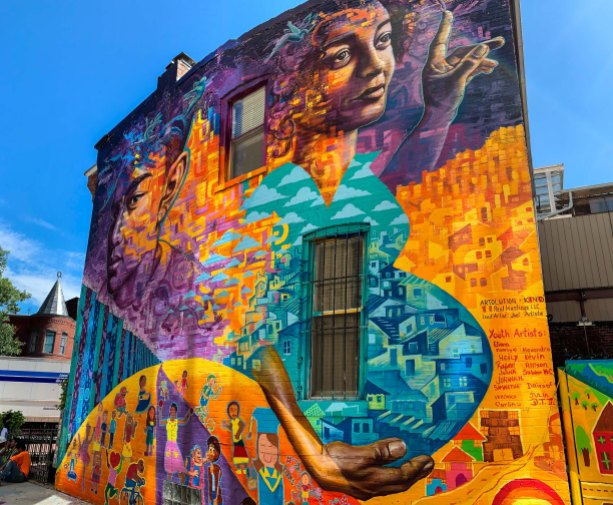 Washington, DC 2019: Created with asylum seekers from Central America, this mural explores the conflicts they've faced and their contributions to their new community. Partners: Artolution, KIND (Kids in Need of Defense) and Paul Hastings Law Firm